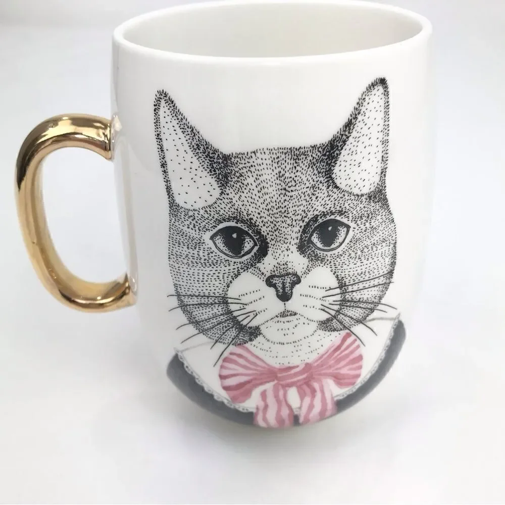 Pier 1 Fancy Cat Black White Pink Stripe Bow Double Sided Graphic China Mug